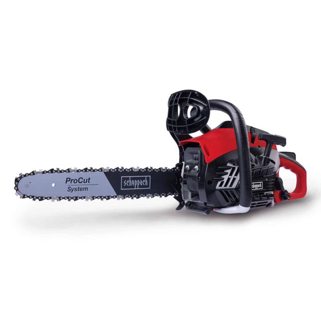 Scheppach petrol chainsaw with ProCut system, robust design for efficient cutting.